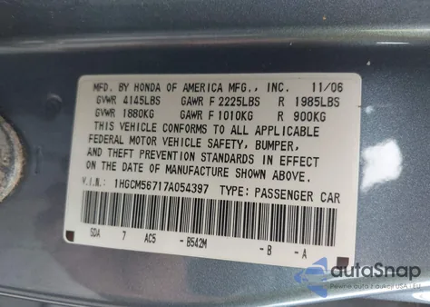 2007 Honda Accord 2.4 Ex from USA, damaged, VIN 1HGCM56717A054397